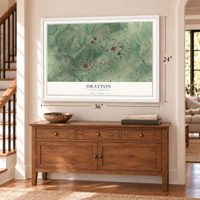 Drayton, South Carolina map, 24 x 36 inch print in a white frame above a dresser by a staircase