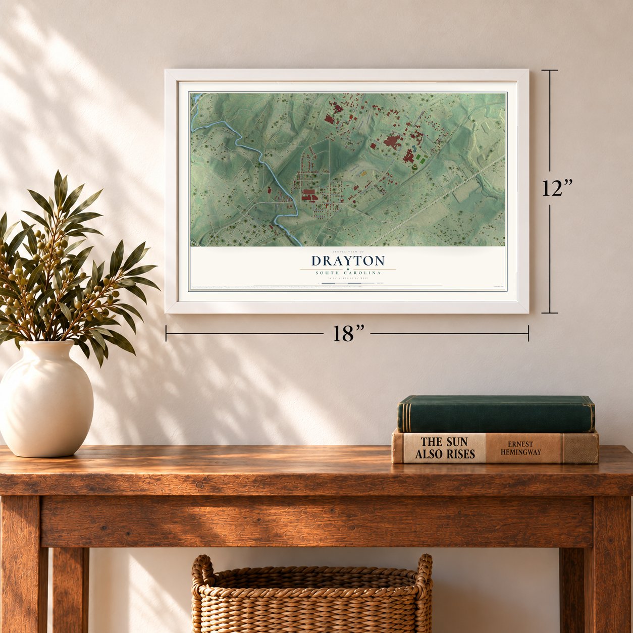 Drayton, South Carolina map, 12 x 18 inch print in a white frame in an entryway