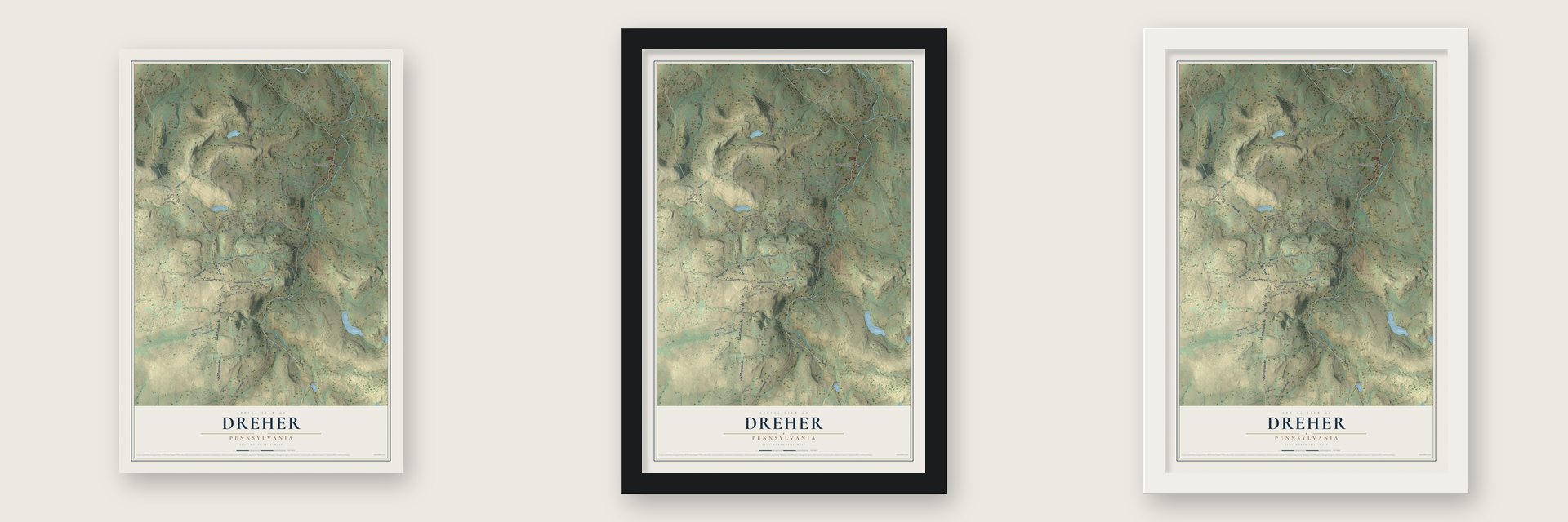 Dreher, Pennsylvania map unframed, in a black wood frame and in a white wood frame