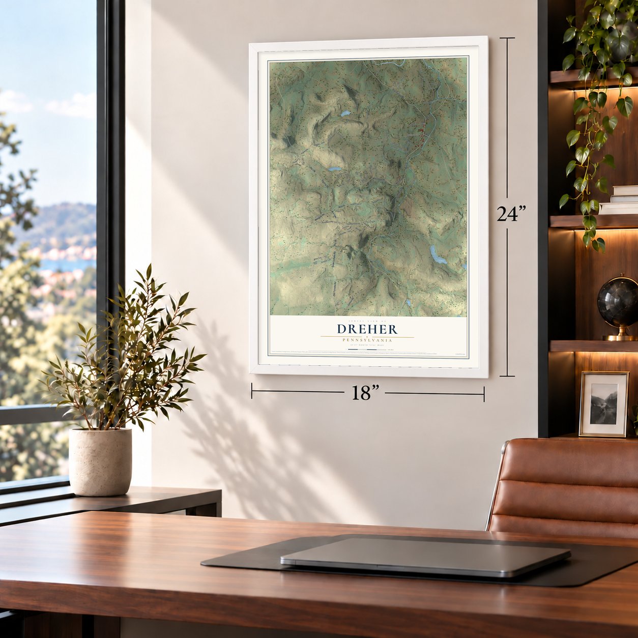 Dreher, Pennsylvania map, 18 x 24 inch print in a white frame in a home office