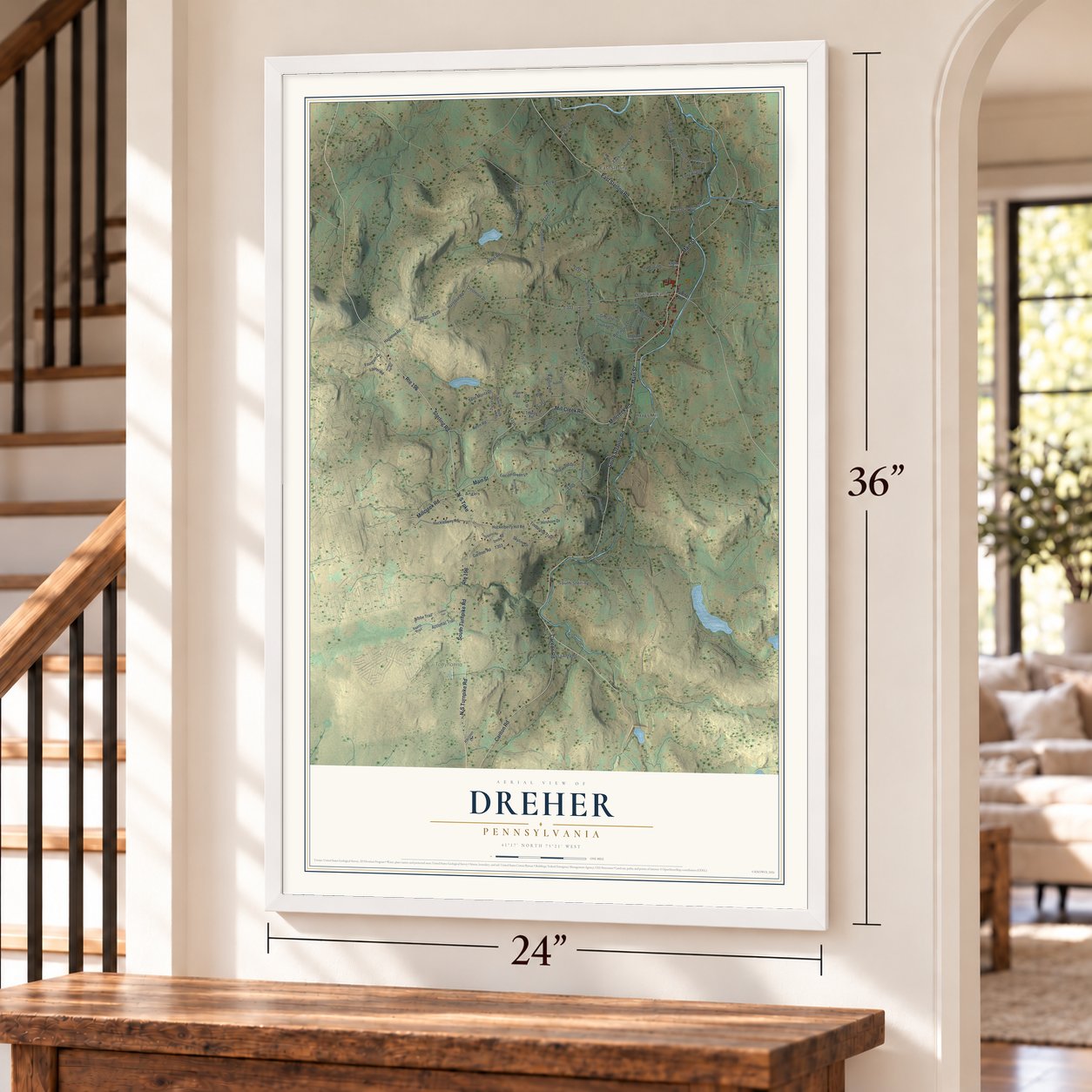 Dreher, Pennsylvania map, 24 x 36 inch print in a white frame by a staircase