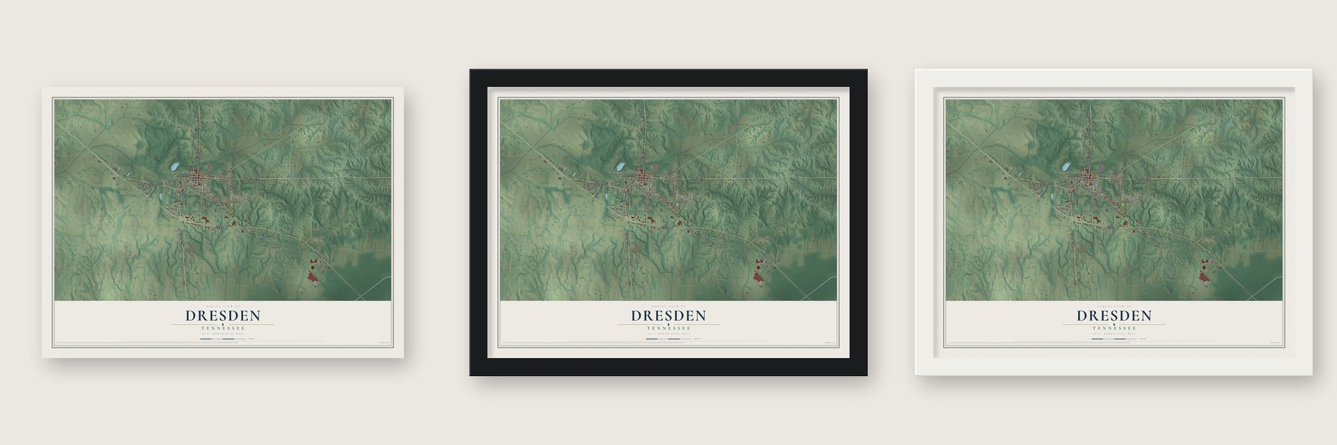 Dresden, Tennessee map unframed, in a black wood frame and in a white wood frame