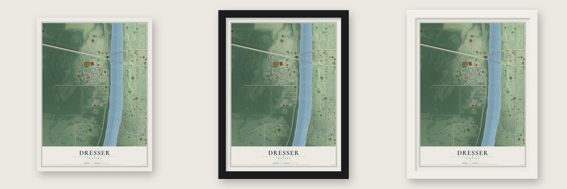 Dresser, Indiana map unframed, in a black wood frame and in a white wood frame