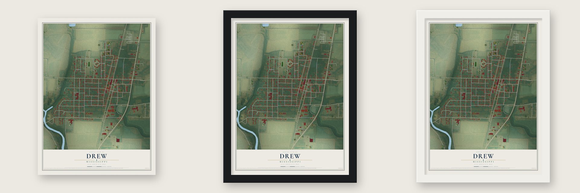 Drew, Mississippi map unframed, in a black wood frame and in a white wood frame