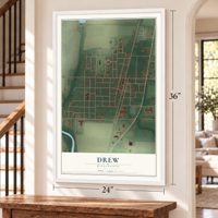 Drew, Mississippi map, 24 x 36 inch print in a white frame by a staircase