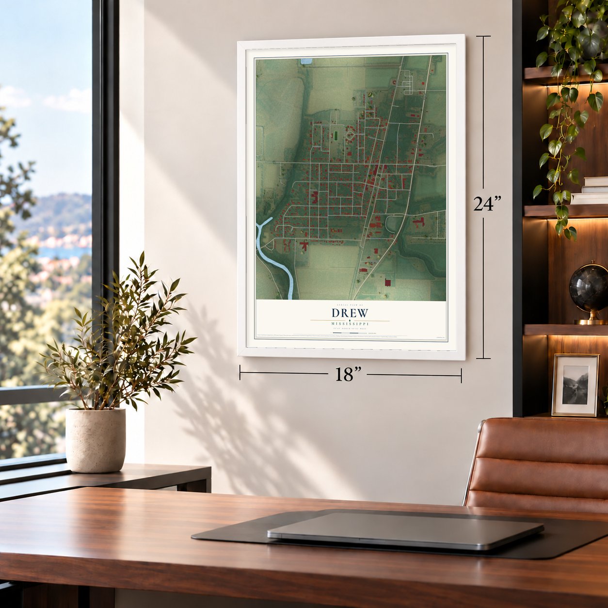 Drew, Mississippi map, 18 x 24 inch print in a white frame in a home office