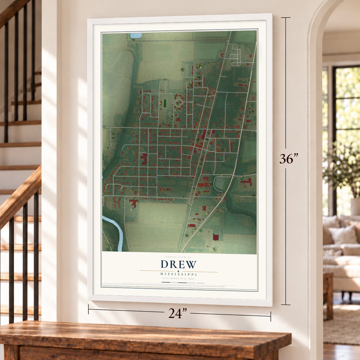 Drew, Mississippi map, 24 x 36 inch print in a white frame by a staircase