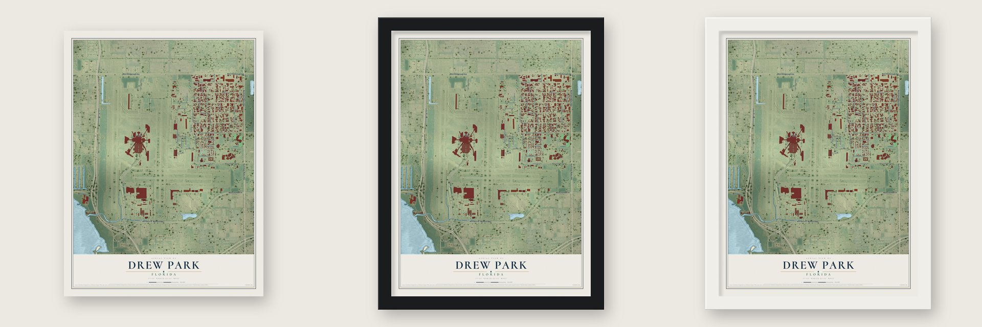 Drew Park, Florida map unframed, in a black wood frame and in a white wood frame