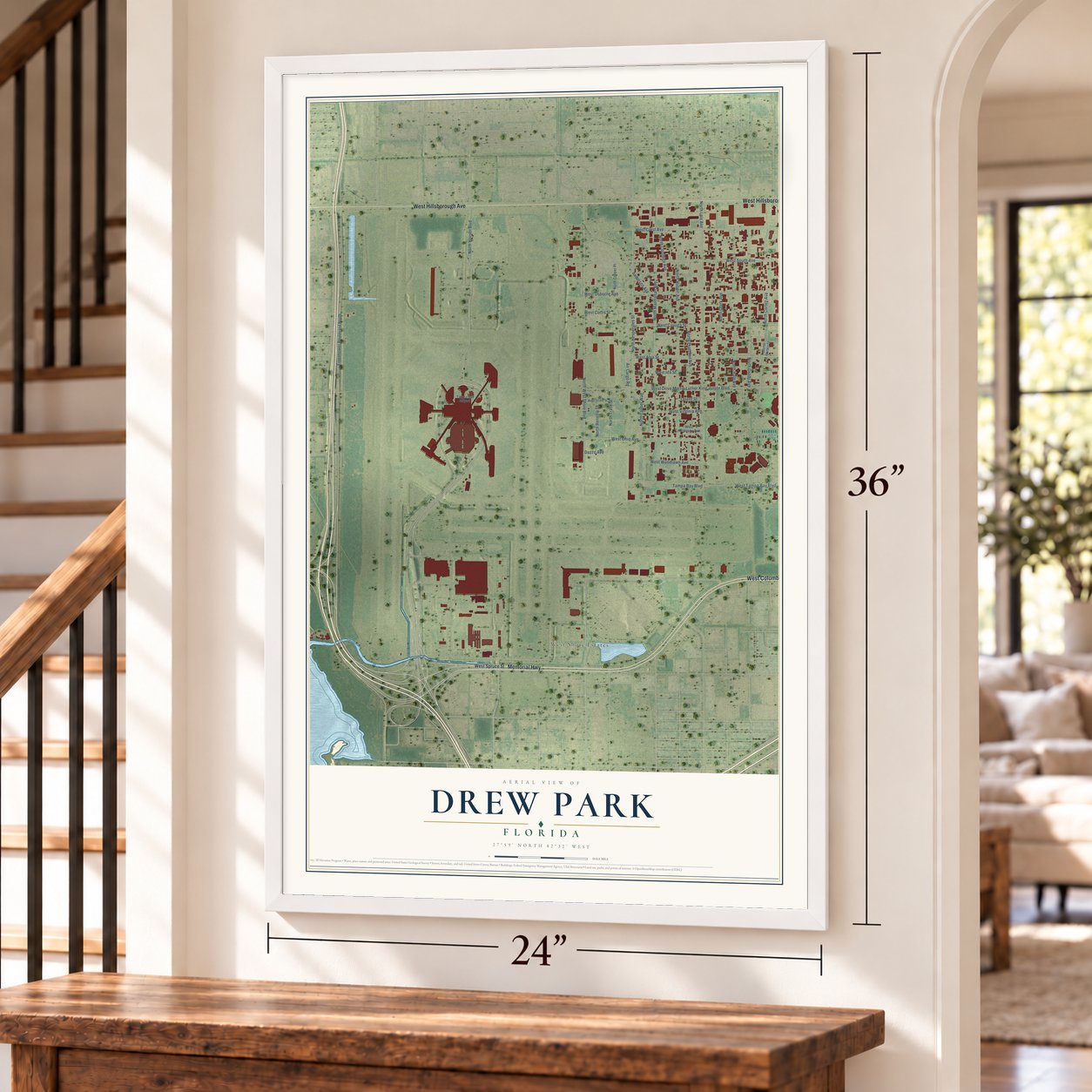 Drew Park, Florida map, 24 x 36 inch print in a white frame by a staircase