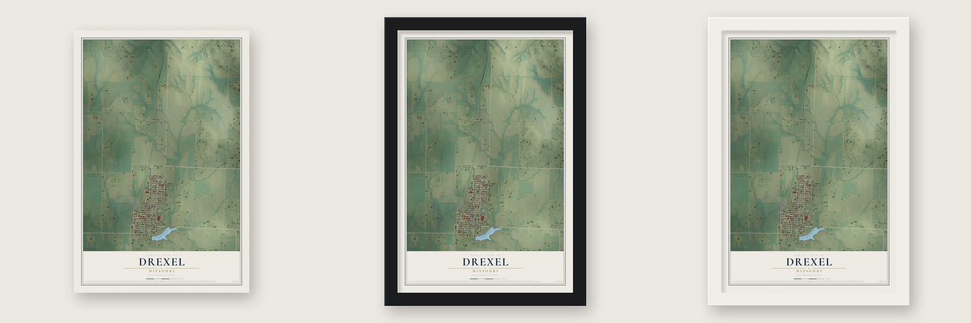 Drexel, Missouri map unframed, in a black wood frame and in a white wood frame