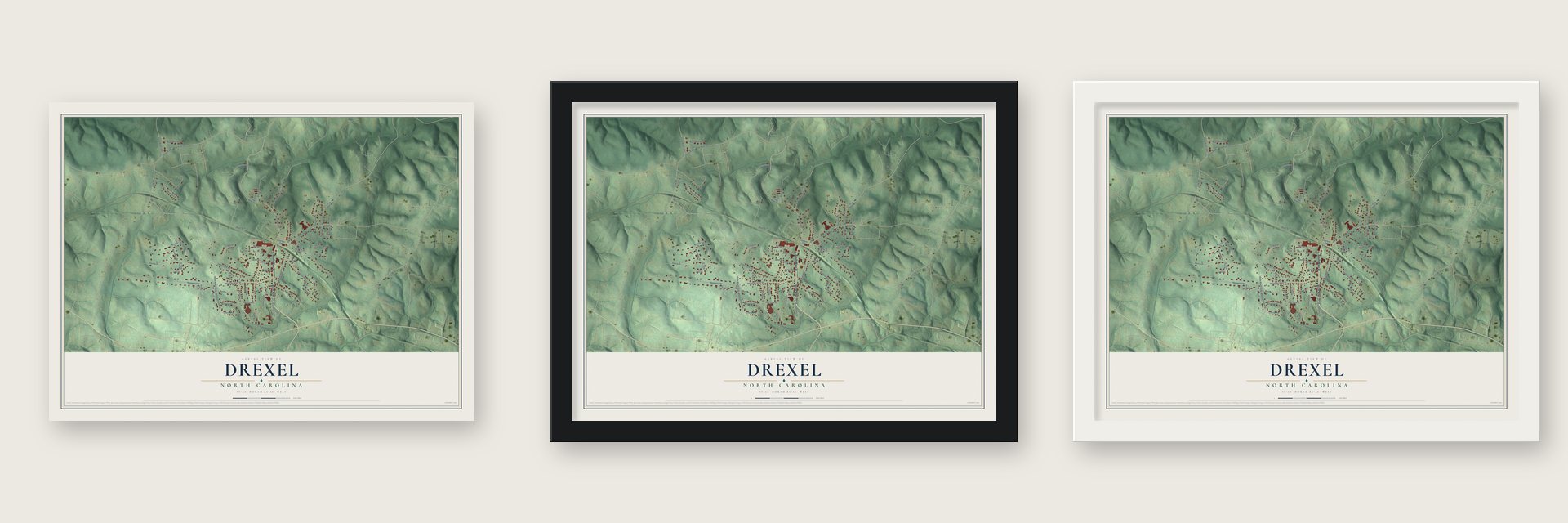 Drexel, North Carolina map unframed, in a black wood frame and in a white wood frame
