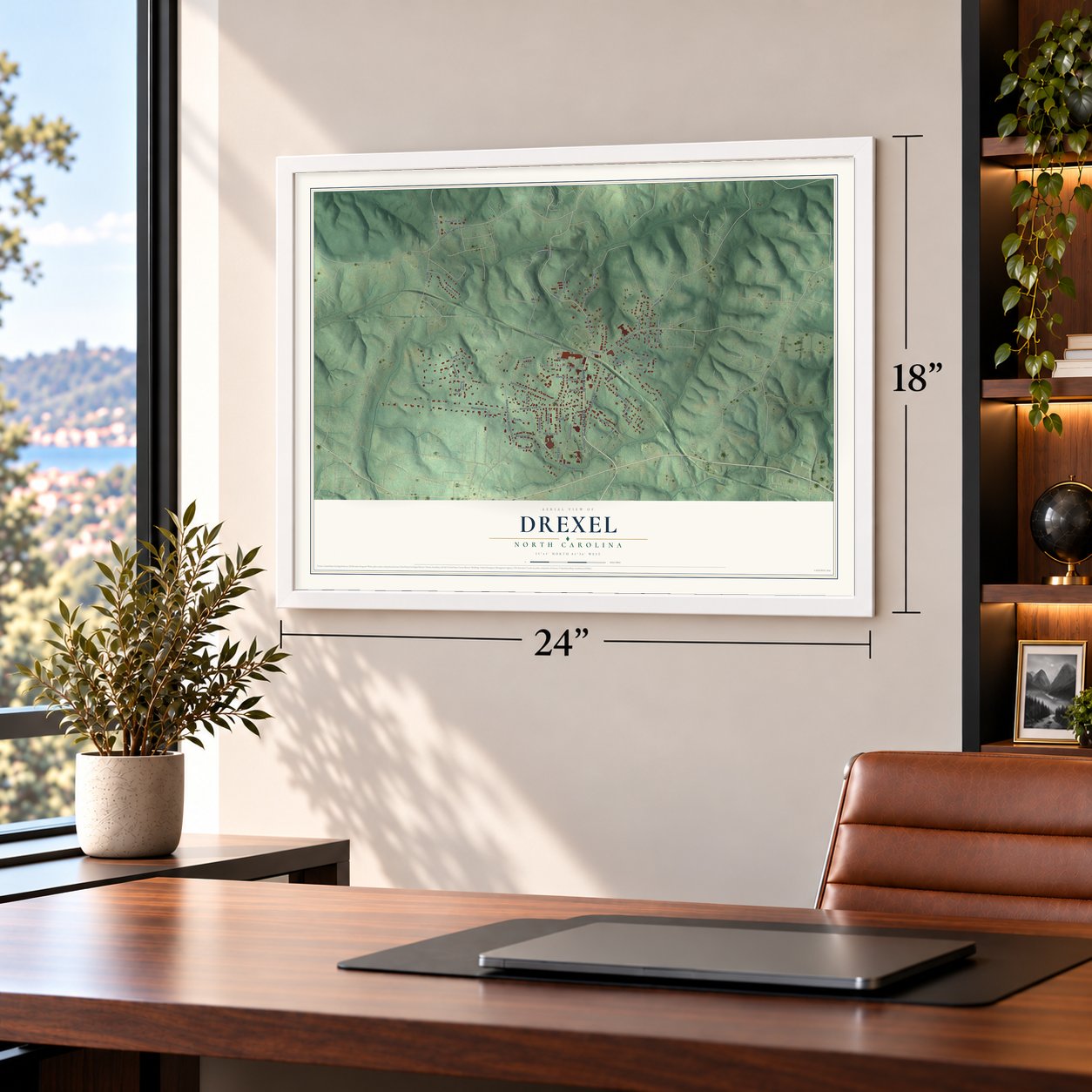 Drexel, North Carolina map, 18 x 24 inch print in a white frame in a home office