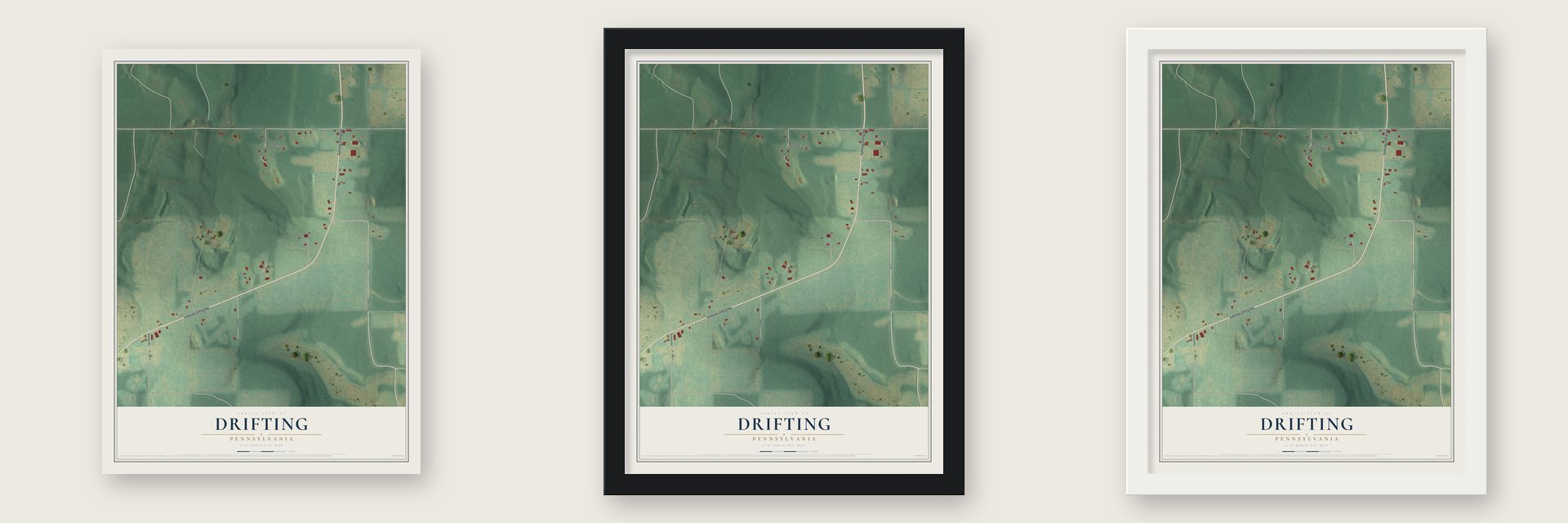 Drifting, Pennsylvania map unframed, in a black wood frame and in a white wood frame