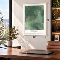 Drifting, Pennsylvania map, 18 x 24 inch print in a white frame in a home office
