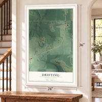 Drifting, Pennsylvania map, 24 x 36 inch print in a white frame by a staircase
