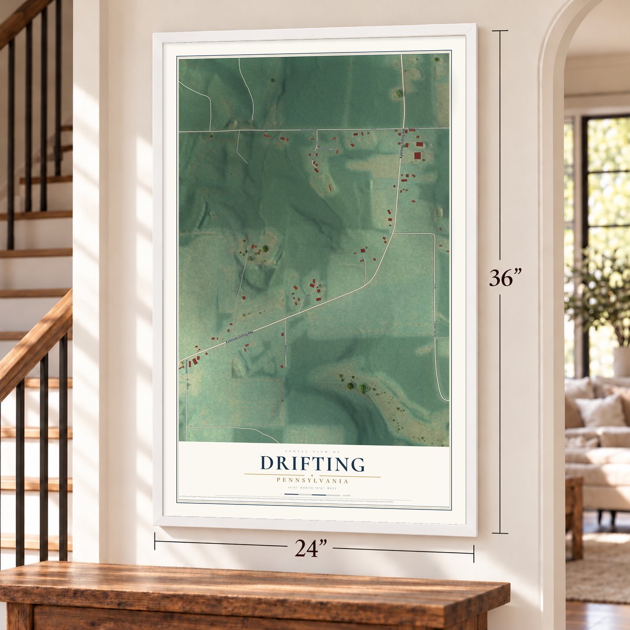 Drifting, Pennsylvania map, 24 x 36 inch print in a white frame by a staircase