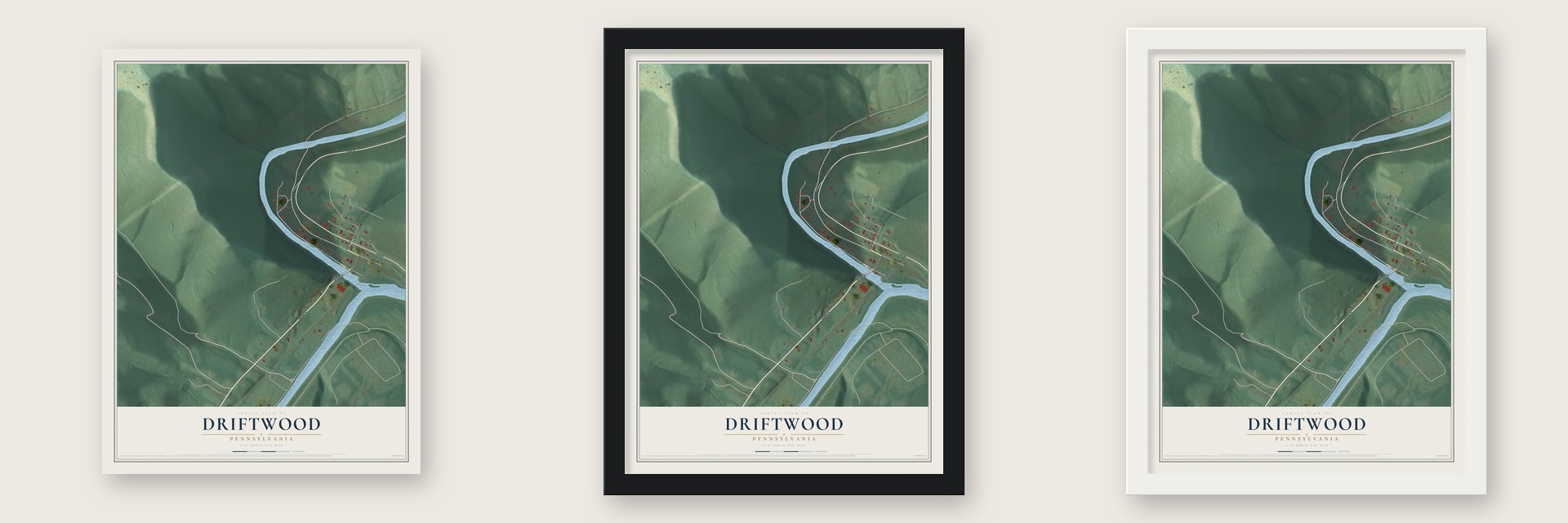 Driftwood, Pennsylvania map unframed, in a black wood frame and in a white wood frame