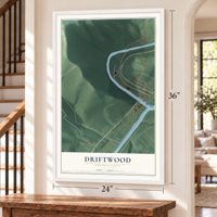 Driftwood, Pennsylvania map, 24 x 36 inch print in a white frame by a staircase