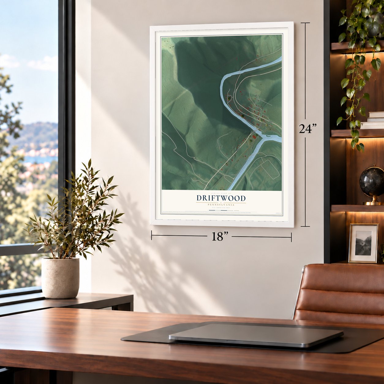 Driftwood, Pennsylvania map, 18 x 24 inch print in a white frame in a home office