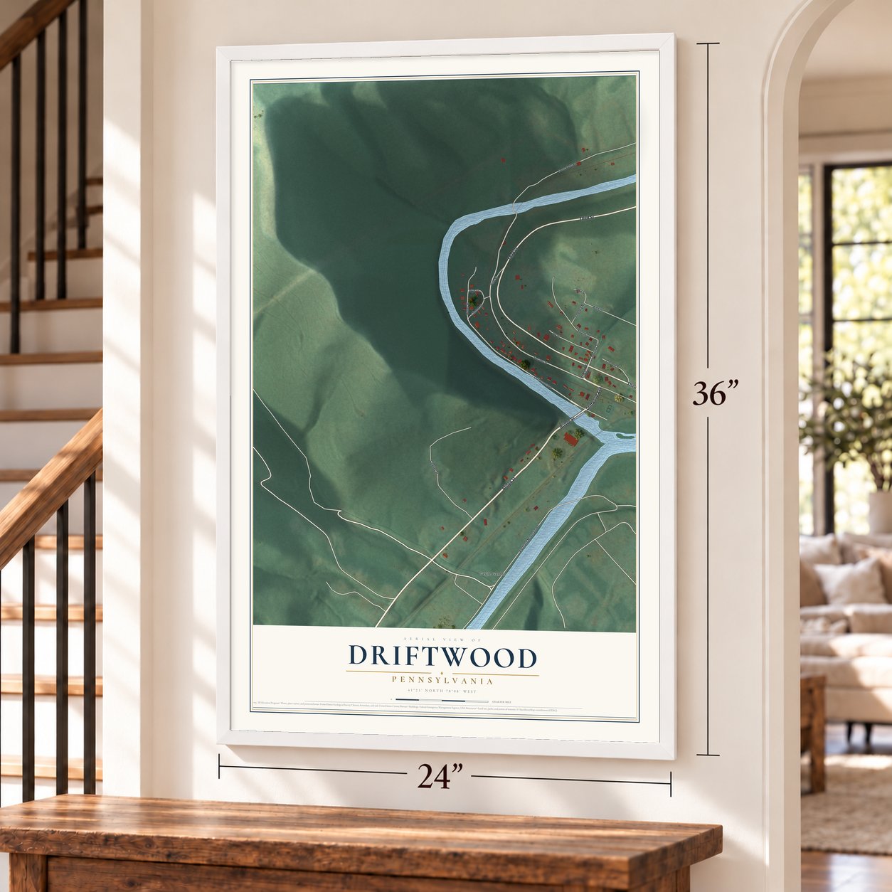 Driftwood, Pennsylvania map, 24 x 36 inch print in a white frame by a staircase