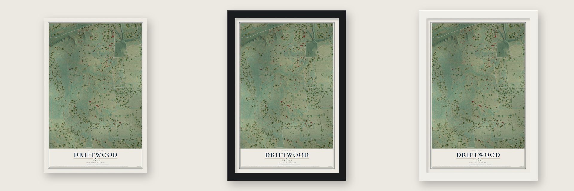 Driftwood, Texas map unframed, in a black wood frame and in a white wood frame