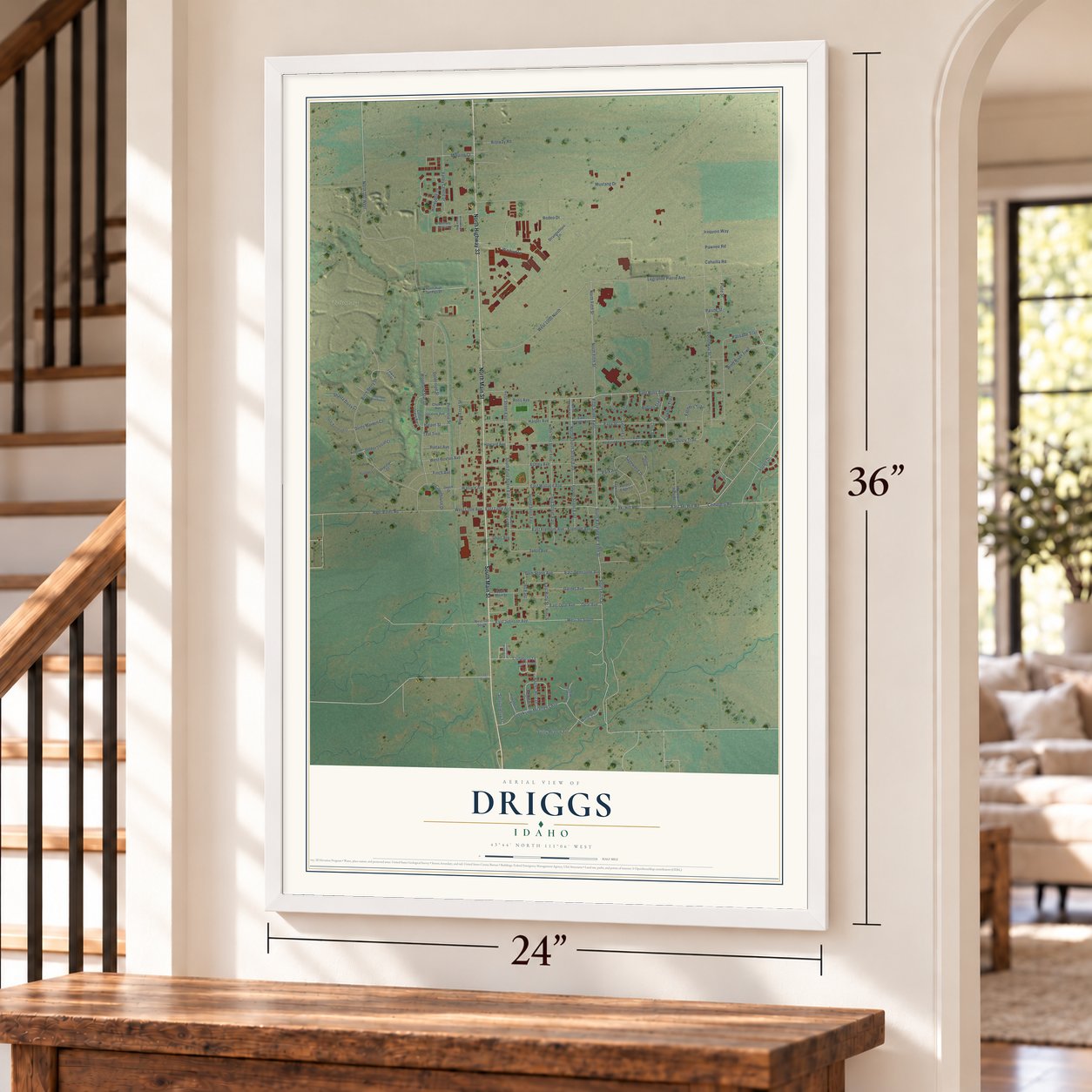 Driggs, Idaho map, 24 x 36 inch print in a white frame by a staircase