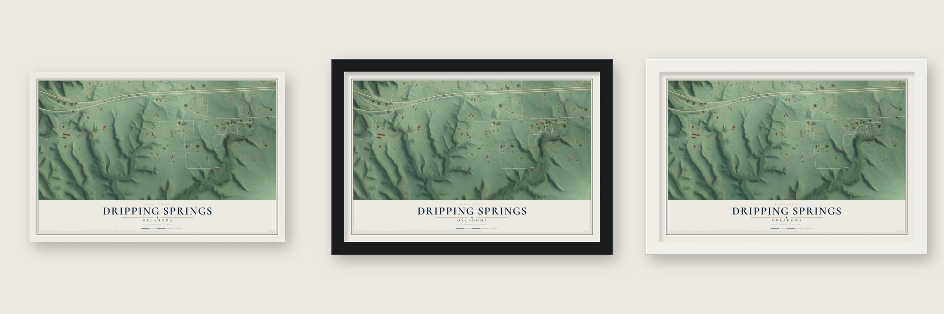 Dripping Springs, Oklahoma map unframed, in a black wood frame and in a white wood frame