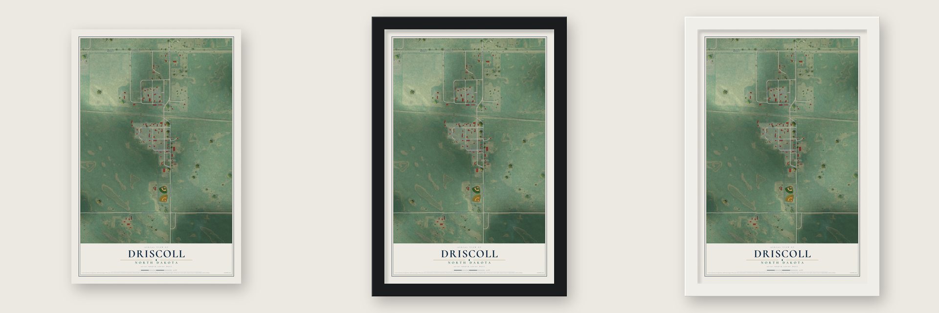 Driscoll, North Dakota map unframed, in a black wood frame and in a white wood frame