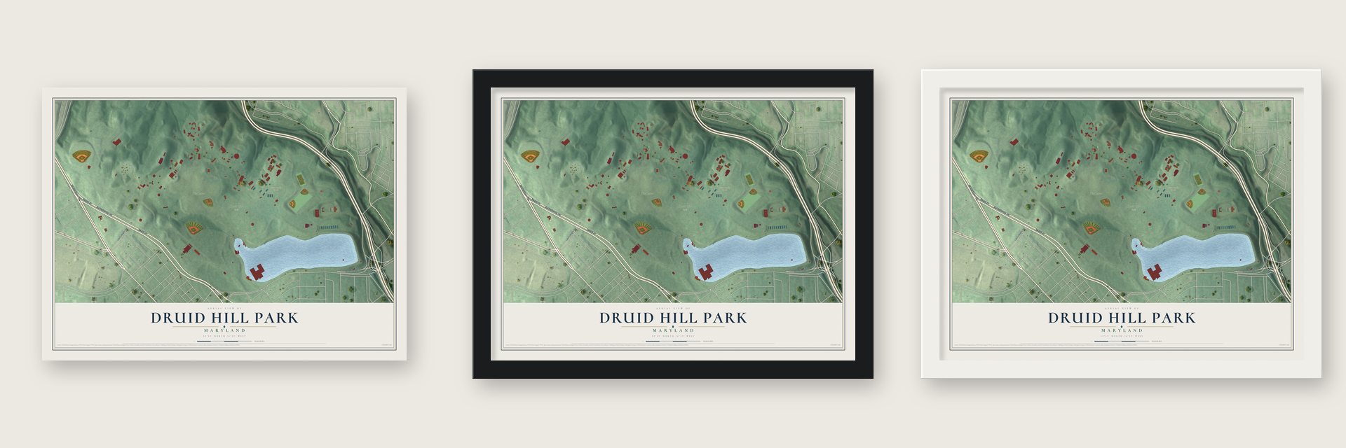 Druid Hill Park, Maryland map unframed, in a black wood frame and in a white wood frame