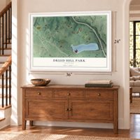 Druid Hill Park, Maryland map, 24 x 36 inch print in a white frame above a dresser by a staircase