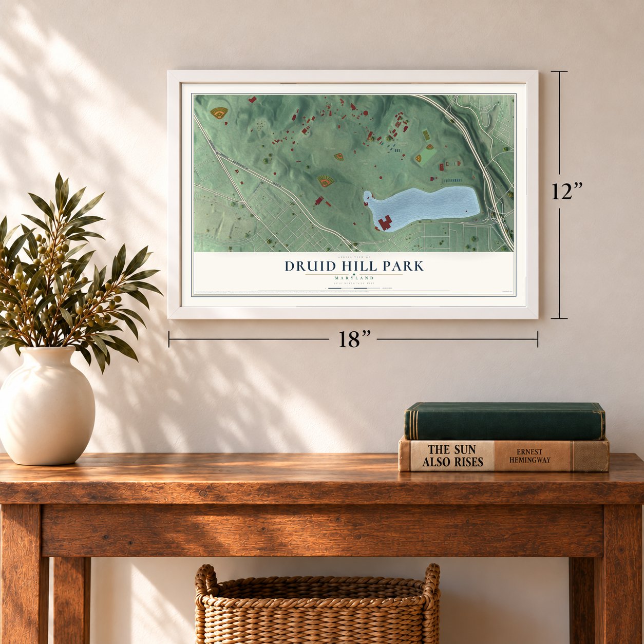 Druid Hill Park, Maryland map, 12 x 18 inch print in a white frame in an entryway