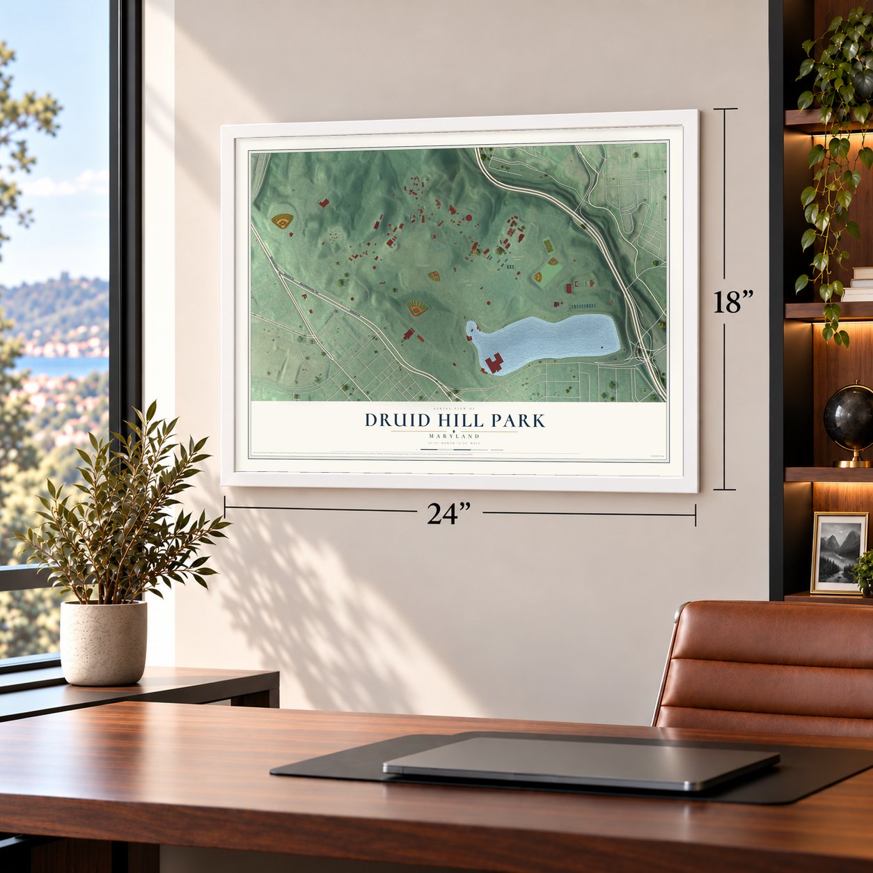 Druid Hill Park, Maryland map, 18 x 24 inch print in a white frame in a home office