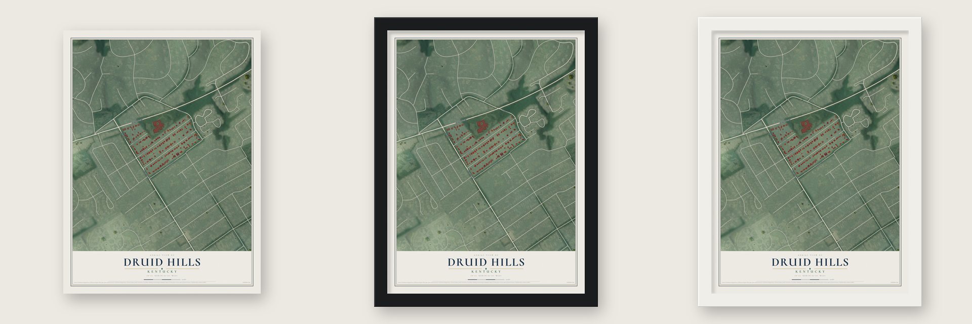 Druid Hills, Kentucky map unframed, in a black wood frame and in a white wood frame