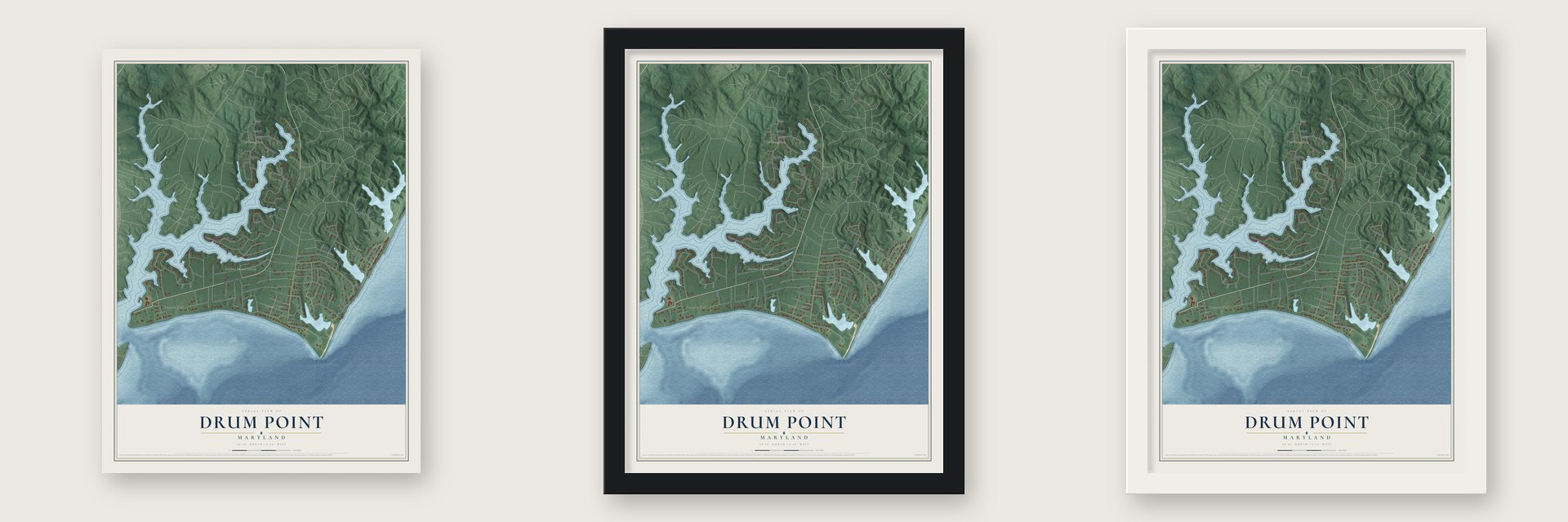 Drum Point, Maryland map unframed, in a black wood frame and in a white wood frame