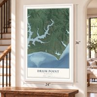 Drum Point, Maryland map, 24 x 36 inch print in a white frame by a staircase