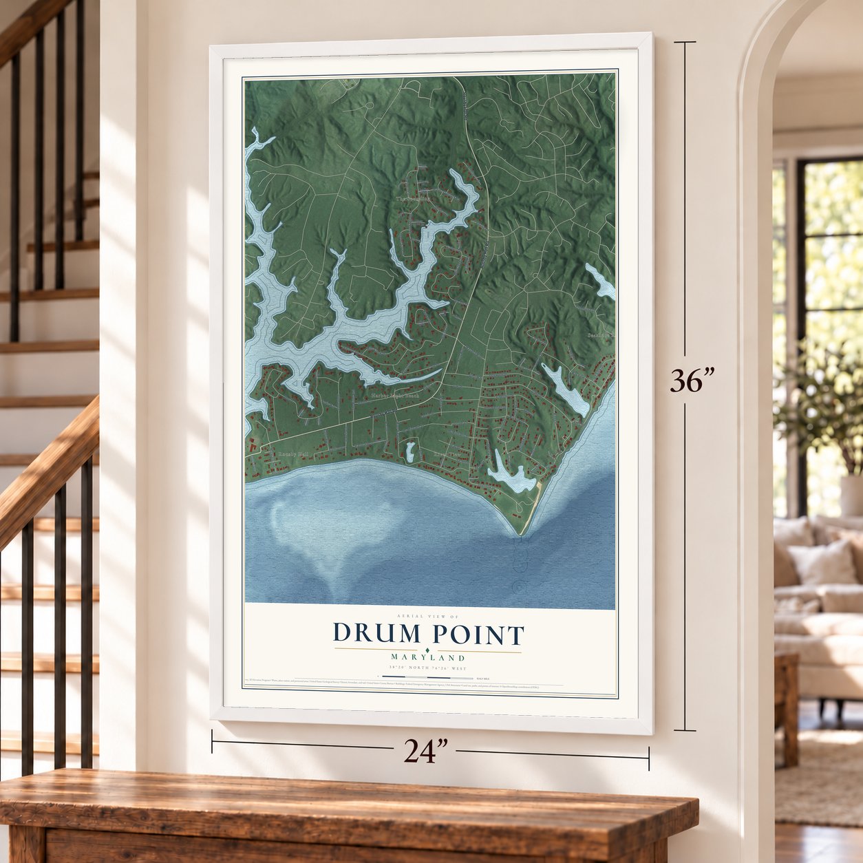 Drum Point, Maryland map, 24 x 36 inch print in a white frame by a staircase