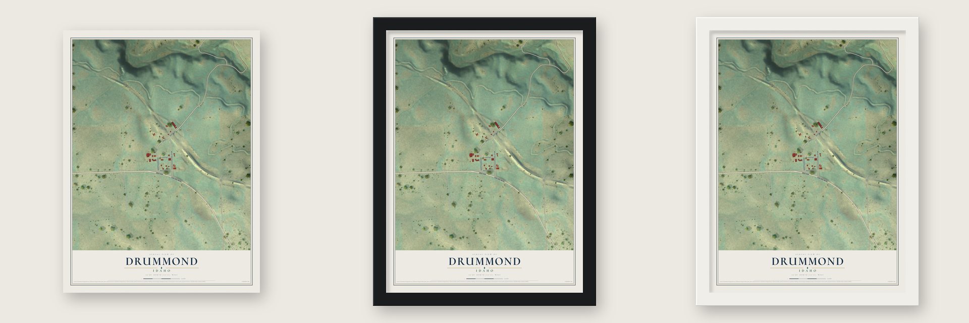 Drummond, Idaho map unframed, in a black wood frame and in a white wood frame