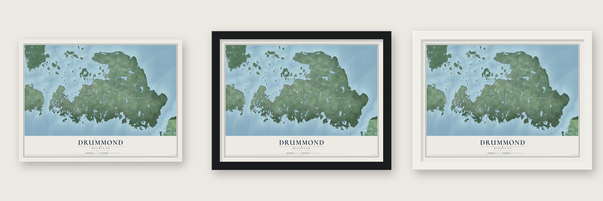 Drummond, Michigan map unframed, in a black wood frame and in a white wood frame