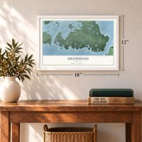 Drummond, Michigan map, 12 x 18 inch print in a white frame in an entryway