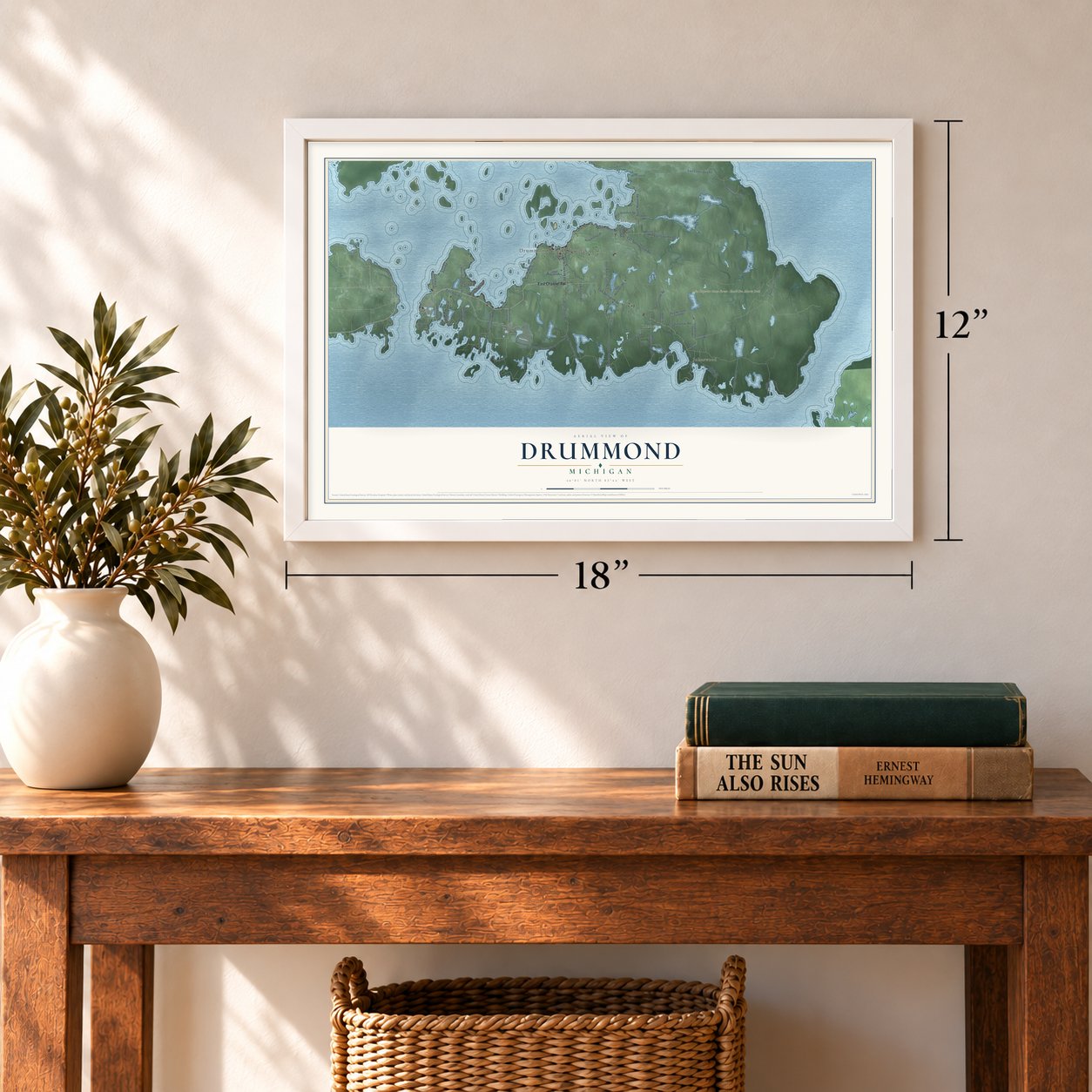 Drummond, Michigan map, 12 x 18 inch print in a white frame in an entryway