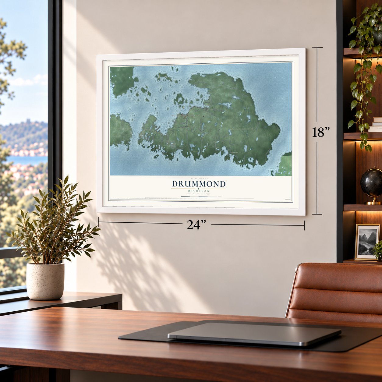 Drummond, Michigan map, 18 x 24 inch print in a white frame in a home office