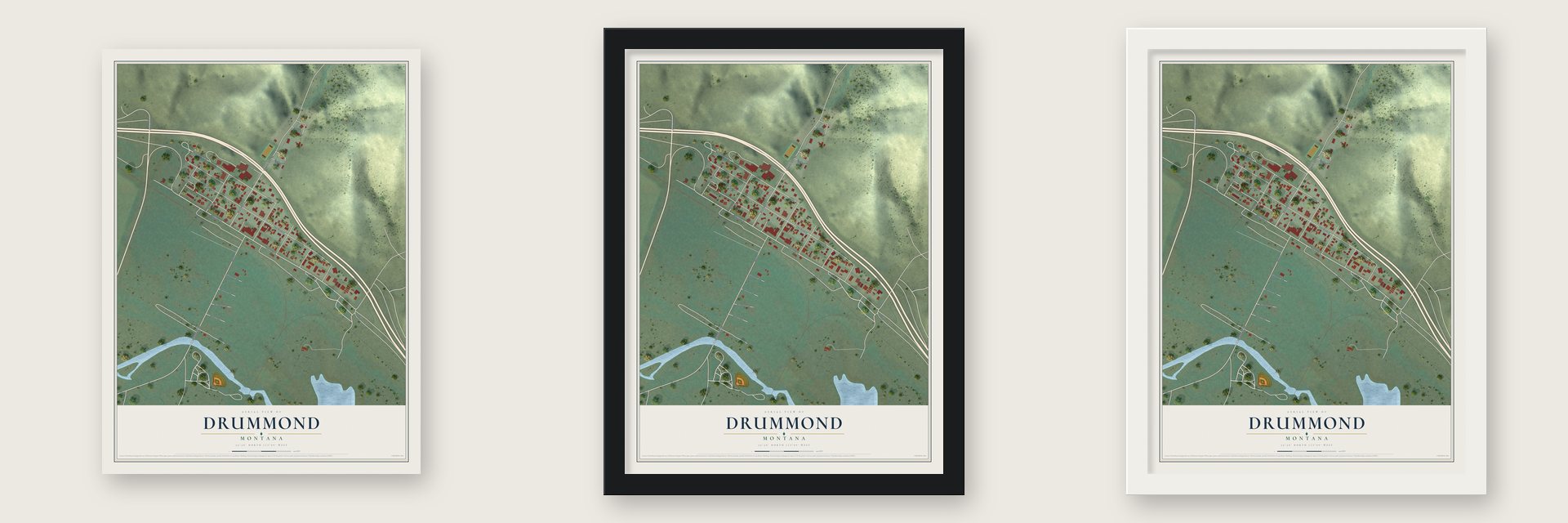 Drummond, Montana map unframed, in a black wood frame and in a white wood frame