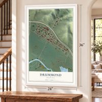 Drummond, Montana map, 24 x 36 inch print in a white frame by a staircase