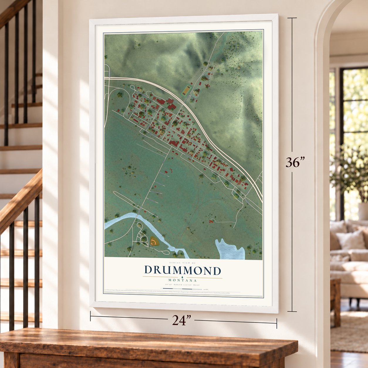 Drummond, Montana map, 24 x 36 inch print in a white frame by a staircase