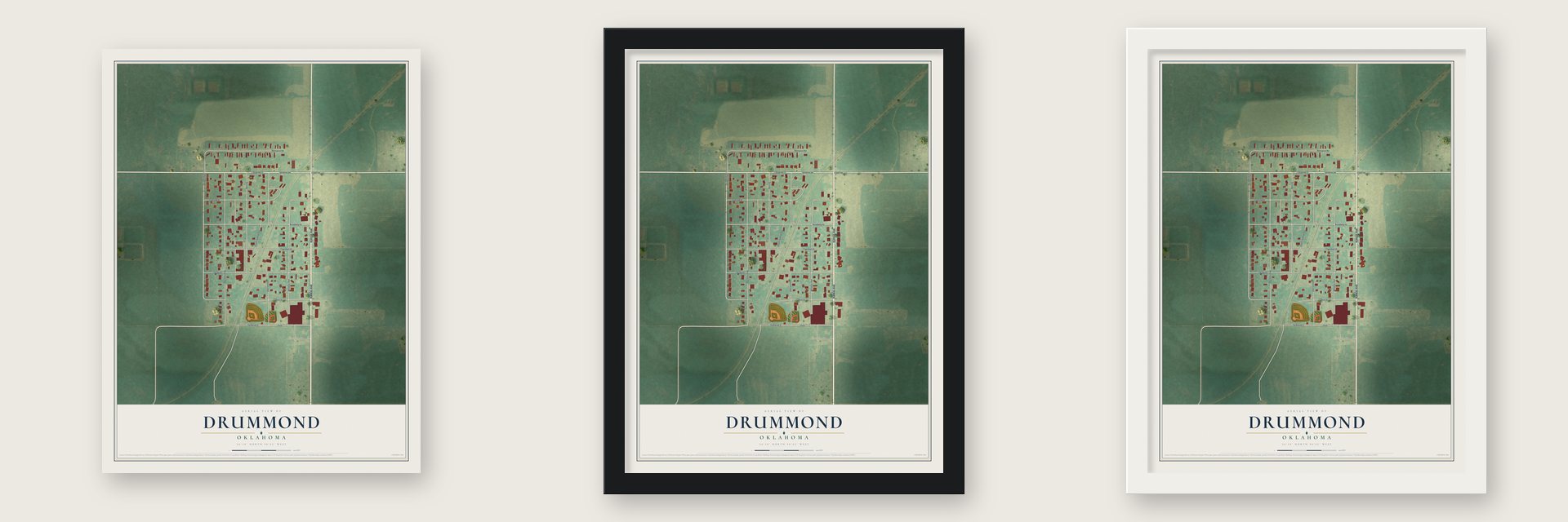 Drummond, Oklahoma map unframed, in a black wood frame and in a white wood frame