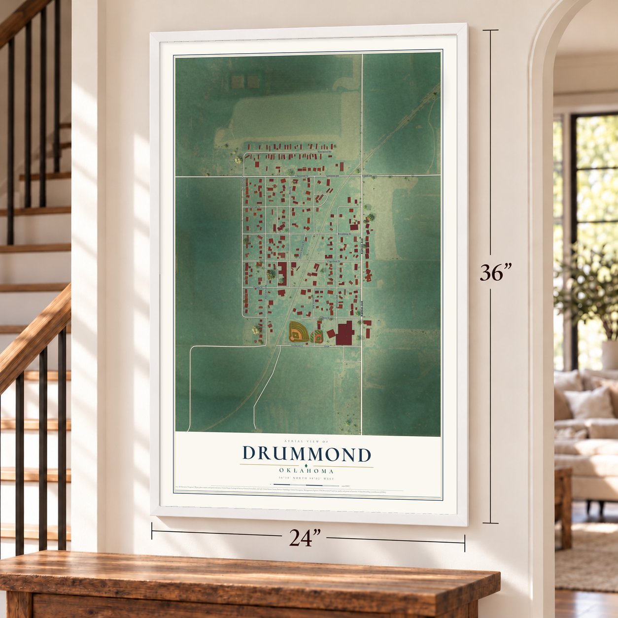 Drummond, Oklahoma map, 24 x 36 inch print in a white frame by a staircase