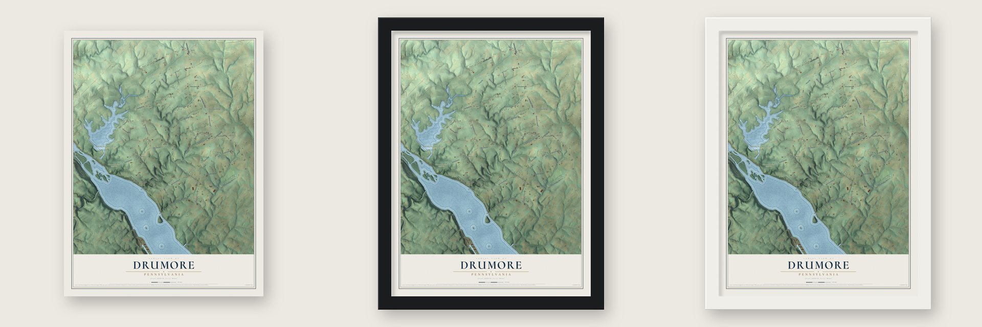 Drumore, Pennsylvania map unframed, in a black wood frame and in a white wood frame