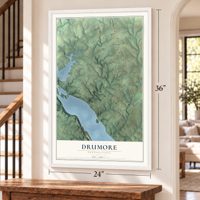 Drumore, Pennsylvania map, 24 x 36 inch print in a white frame by a staircase