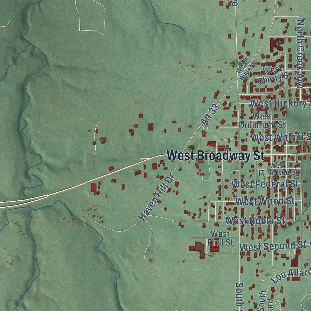 Second close-up of the map of Drumright, Oklahoma print showing more streets and buildings
