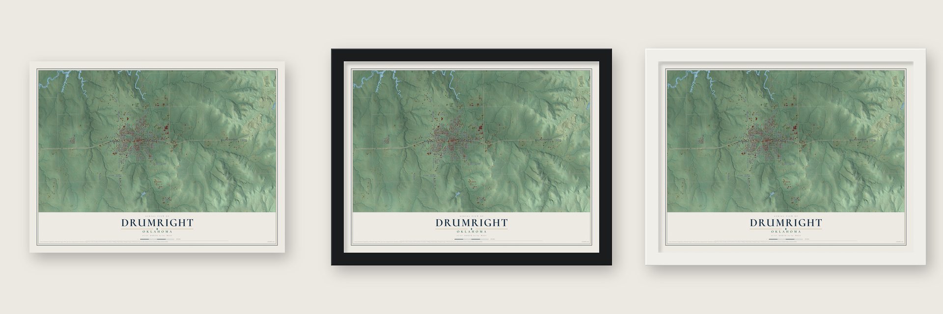Drumright, Oklahoma map unframed, in a black wood frame and in a white wood frame